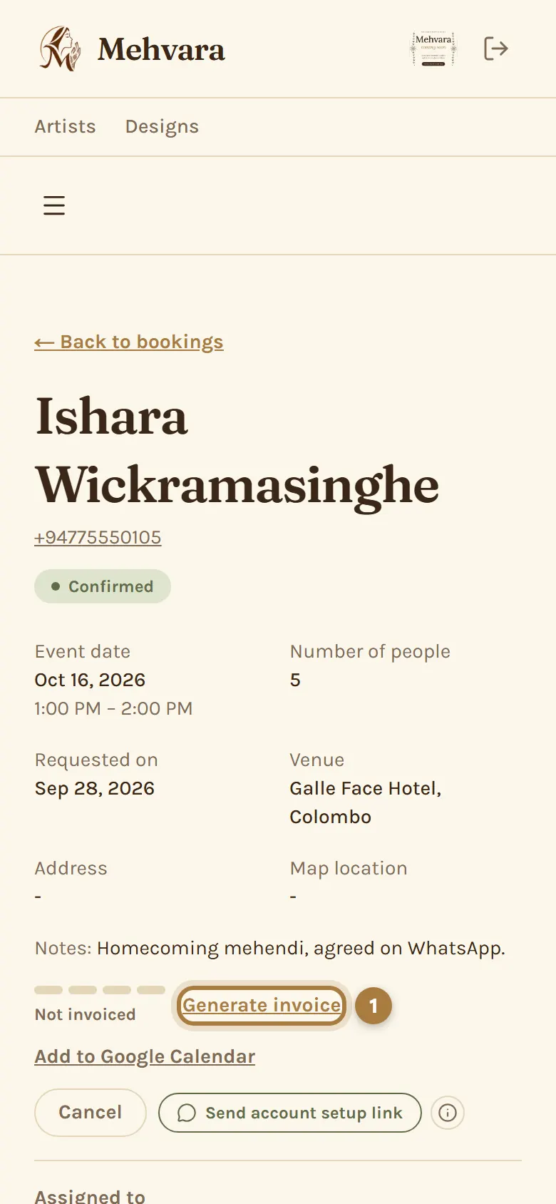 A confirmed booking, with the Generate invoice link marked 1.