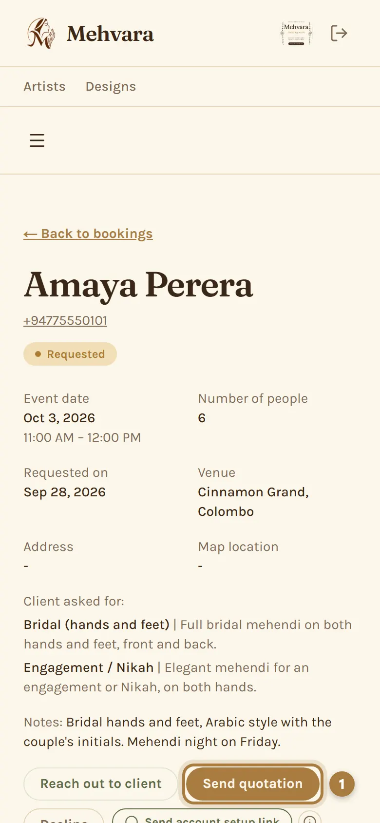 A booking request, with the Send quotation button marked 1.