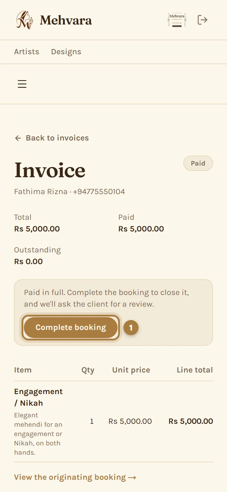 A paid-in-full invoice, with the Complete booking button marked 1.