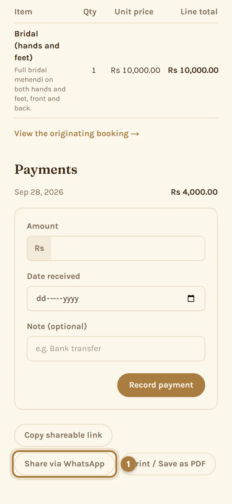 A partly paid invoice, with Share via WhatsApp marked 1.