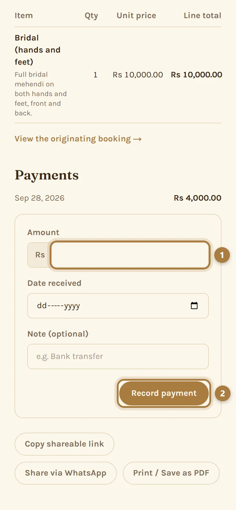Recording a payment: the amount (1) and the Record payment button (2).