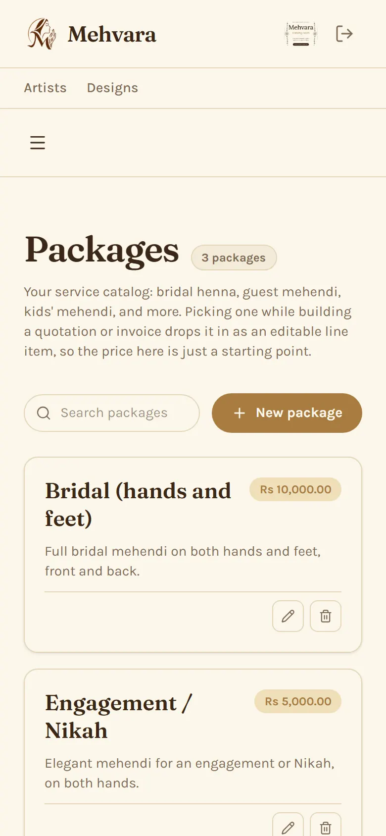 The Packages page on a phone, listing services with their starting prices.