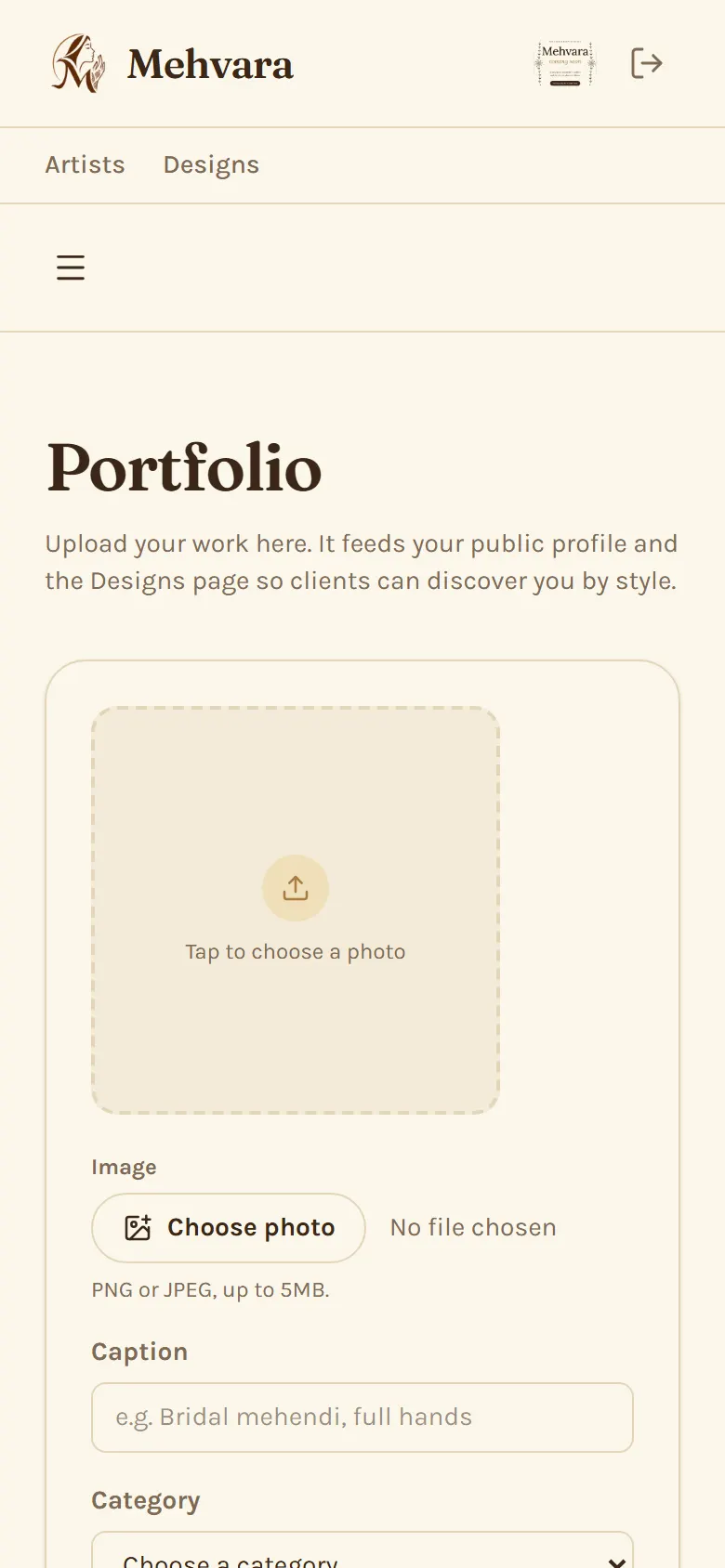 The Portfolio page on a phone, with uploaded designs.