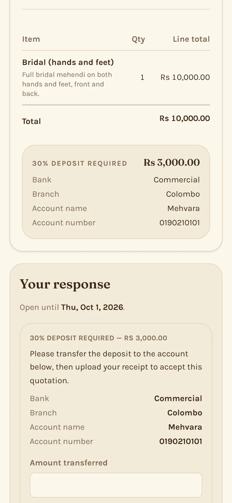 What the client sees: the deposit amount and your bank details on the quotation.