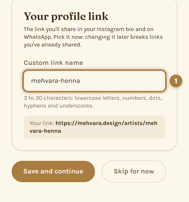 Setup step 1: choosing your profile link name (1).