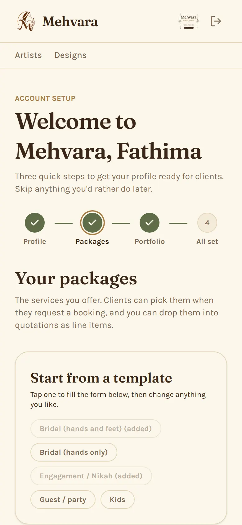 Setup step 2, your packages, each with a starting price.