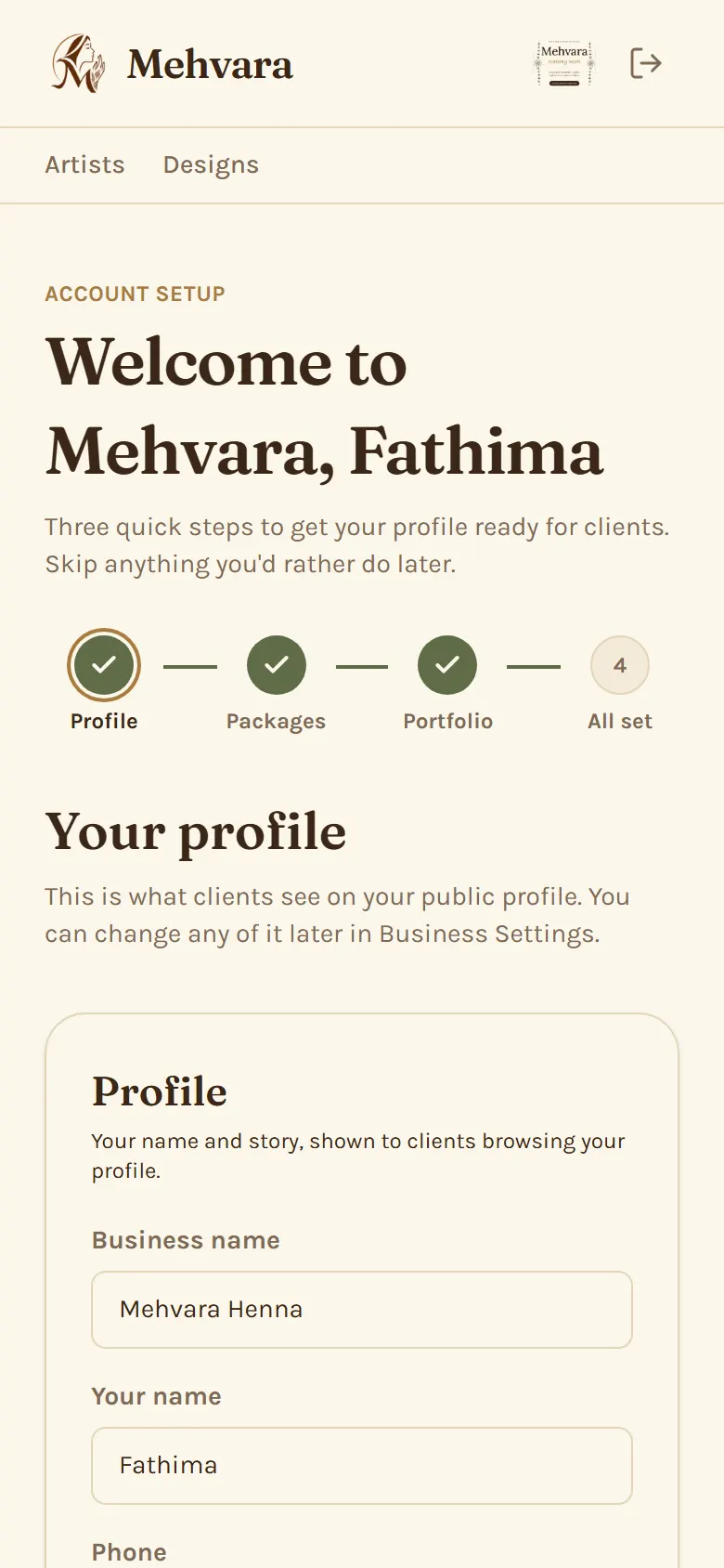 Setup step 1, your profile: photo, bio and city.