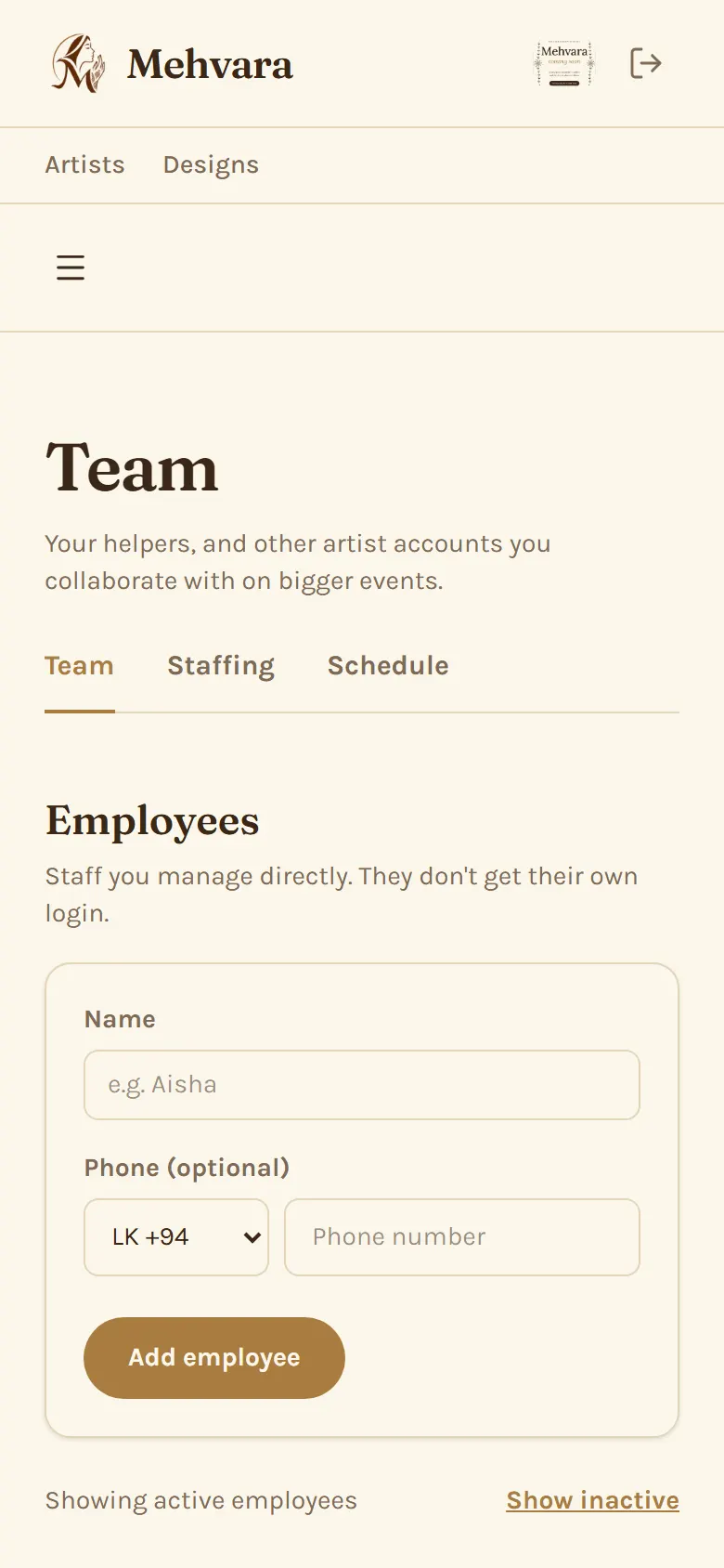 The Team page on a phone, with employees you can assign to bookings.